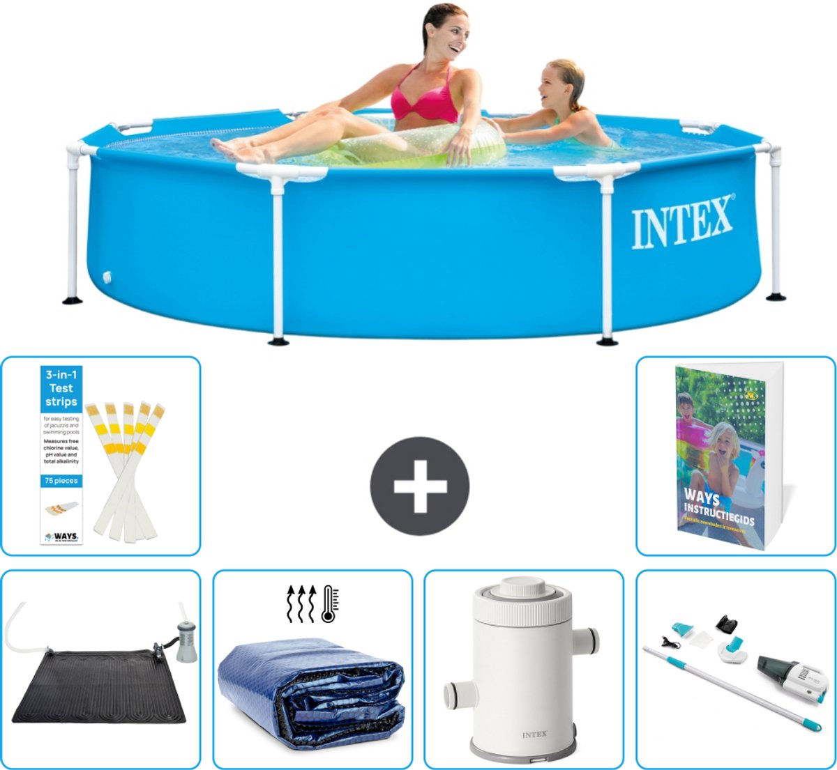 Intex Rond Frame Zwembad - 244 x 51 cm - Blauw - Inclusief Solar Mat - Solarzeil - Zwembadfilterpomp - Stofzuiger - 7-delig