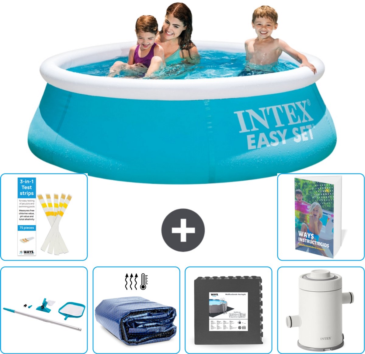 Intex Rond Opblaasbaar Easy Set Zwembad – 183 x 51 cm – Blauw – Inclusief Schoonmaakset – Solarzeil – Vloertegels – Zwembadfilterpomp – 7-delig