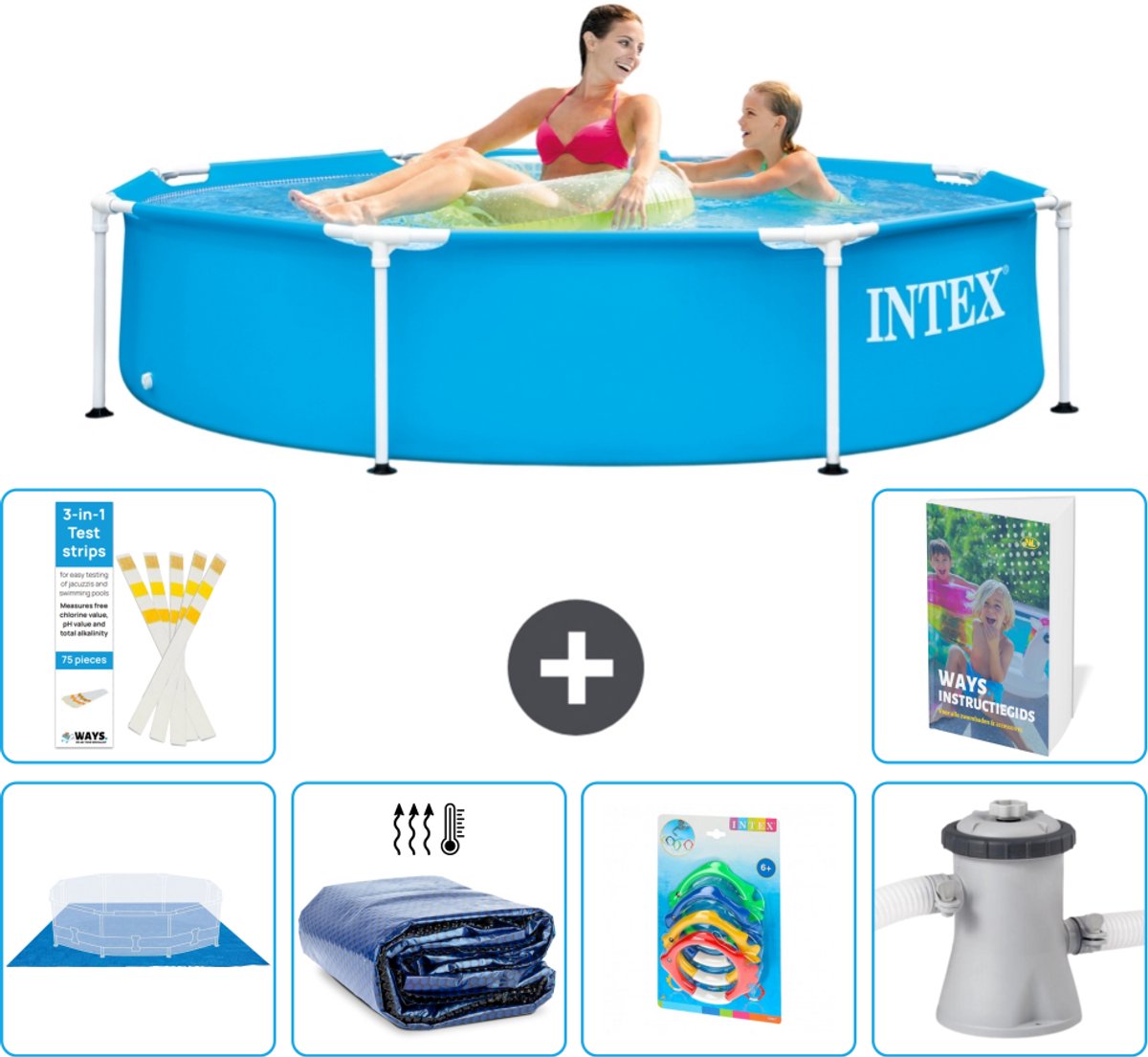 Intex Rond Frame Zwembad - 244 x 51 cm - Blauw - Inclusief Grondzeil - Solarzeil - Speelgoed - Zwembadfilterpomp - 7-delig