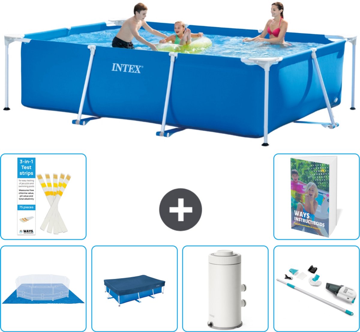 Intex Rechthoekig Frame Zwembad - 300 x 200 x 75 cm - Blauw - Inclusief Grondzeil - Afdekzeil - Zwembadfilterpomp - Stofzuiger - 7-delig