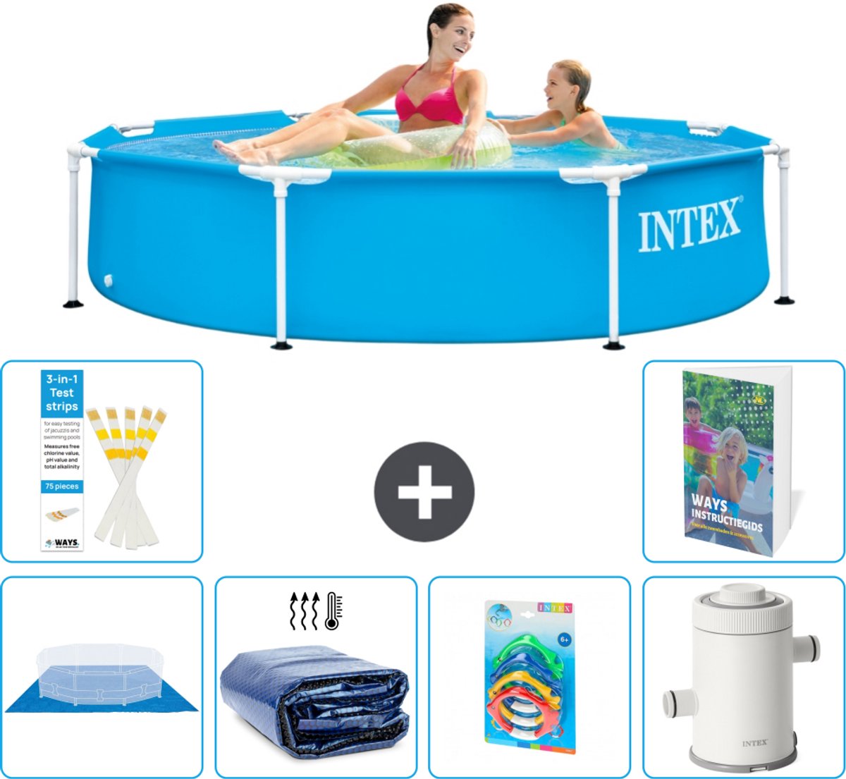 Intex Rond Frame Zwembad - 244 x 51 cm - Blauw - Inclusief Grondzeil - Solarzeil - Speelgoed - Zwembadfilterpomp - 7-delig