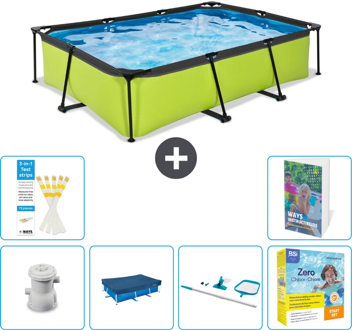 EXIT Rechthoekig Lime Frame Zwembad - 300 x 200 x 65 cm - Inclusief Pomp Afdekzeil - Schoonmaakset - Onderhoudspakket - 7-delig