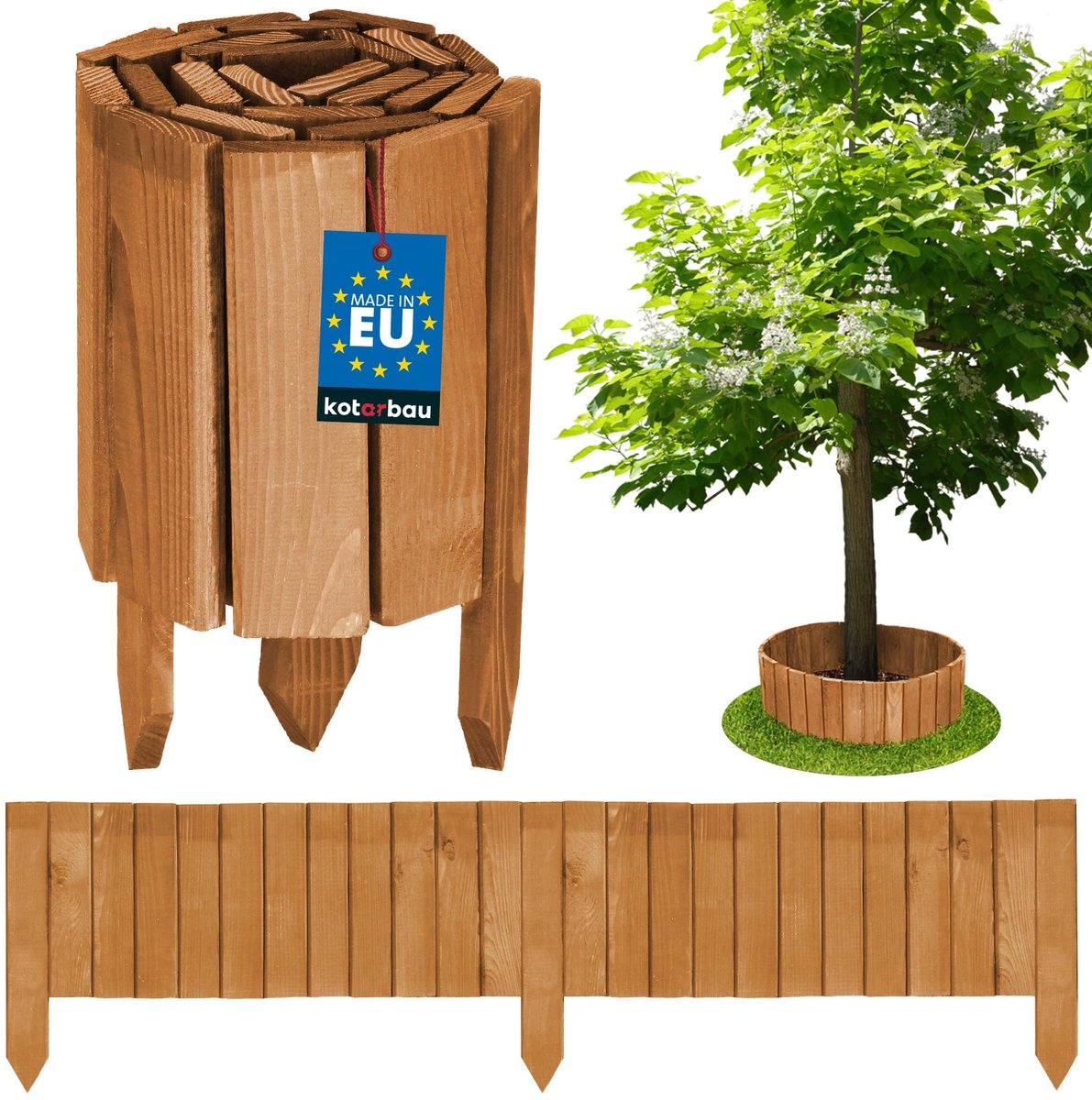 KOTARBAU® Bloembedrand, Rolborder, 110 x 20 cm, Eik, Tuinafscheiding, Houten Tuinhek, Borderrand, Palissade, Schapenhek, Tuindecoratie