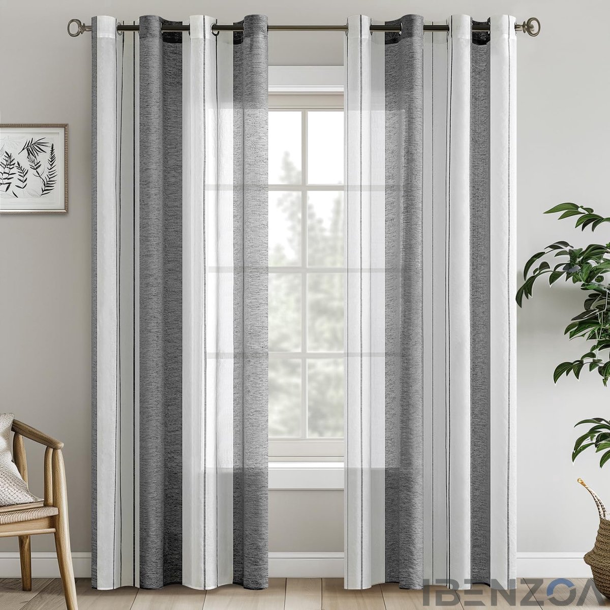 Ibenzoa Gordijn - Gestreept - 140x245 cm - Grijs/Wit - Polyester Grijs;Wit