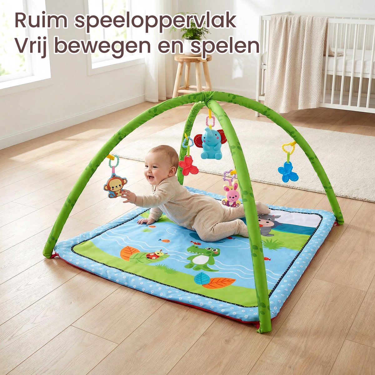 Speelkleed Baby met Boog - Buikligtrainer - 78 x 78 cm - Buiktrainer Baby - Tummy Time - Speelmat Baby - Speelboog - Babygym thumbnail 5