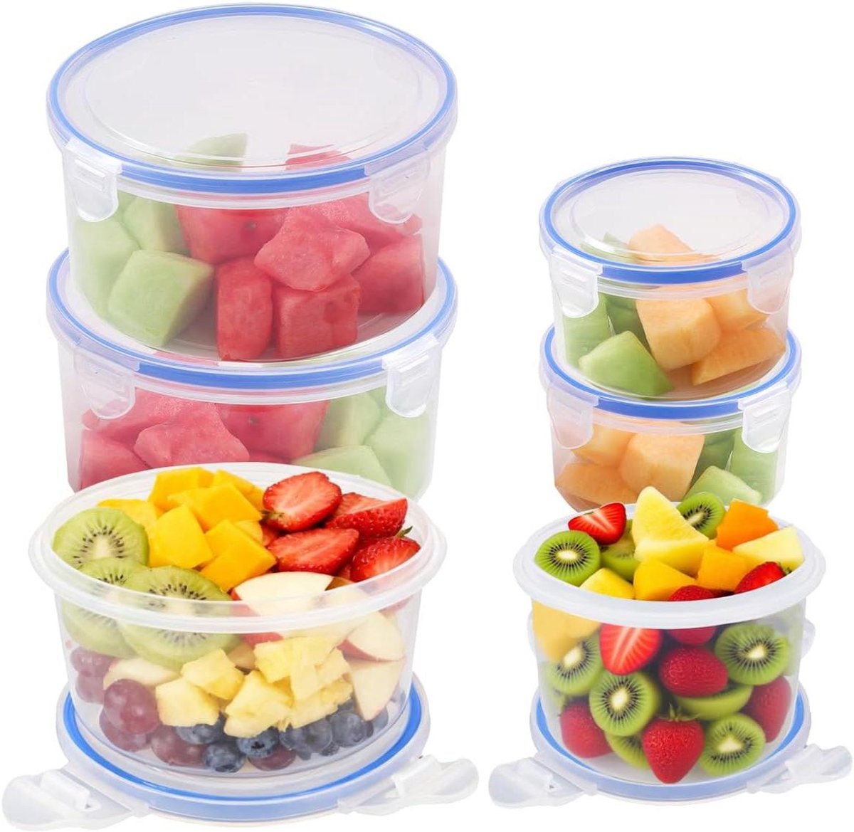 6 stuks vershouddozen met deksel, 300 ml, 600 ml, Set van 6 Plastic Luchtdichte Voedselopslagcontainer, Luchtdichte Voedselcontainers met Deksels, Stapelbaar en Nestbaar, Magnetron, Koelkast Vriezer