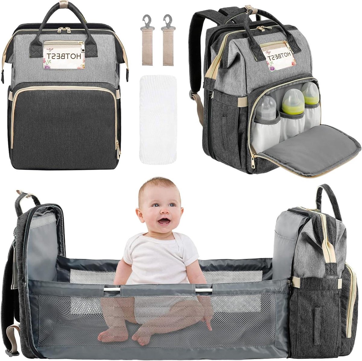 Baby Luiertas Rugzak - Verzorgingstas Kinderen - Baby Verzorgen Onderweg - Inklapbaar Babybedje - 40x30x22 cm - Roze Grijs