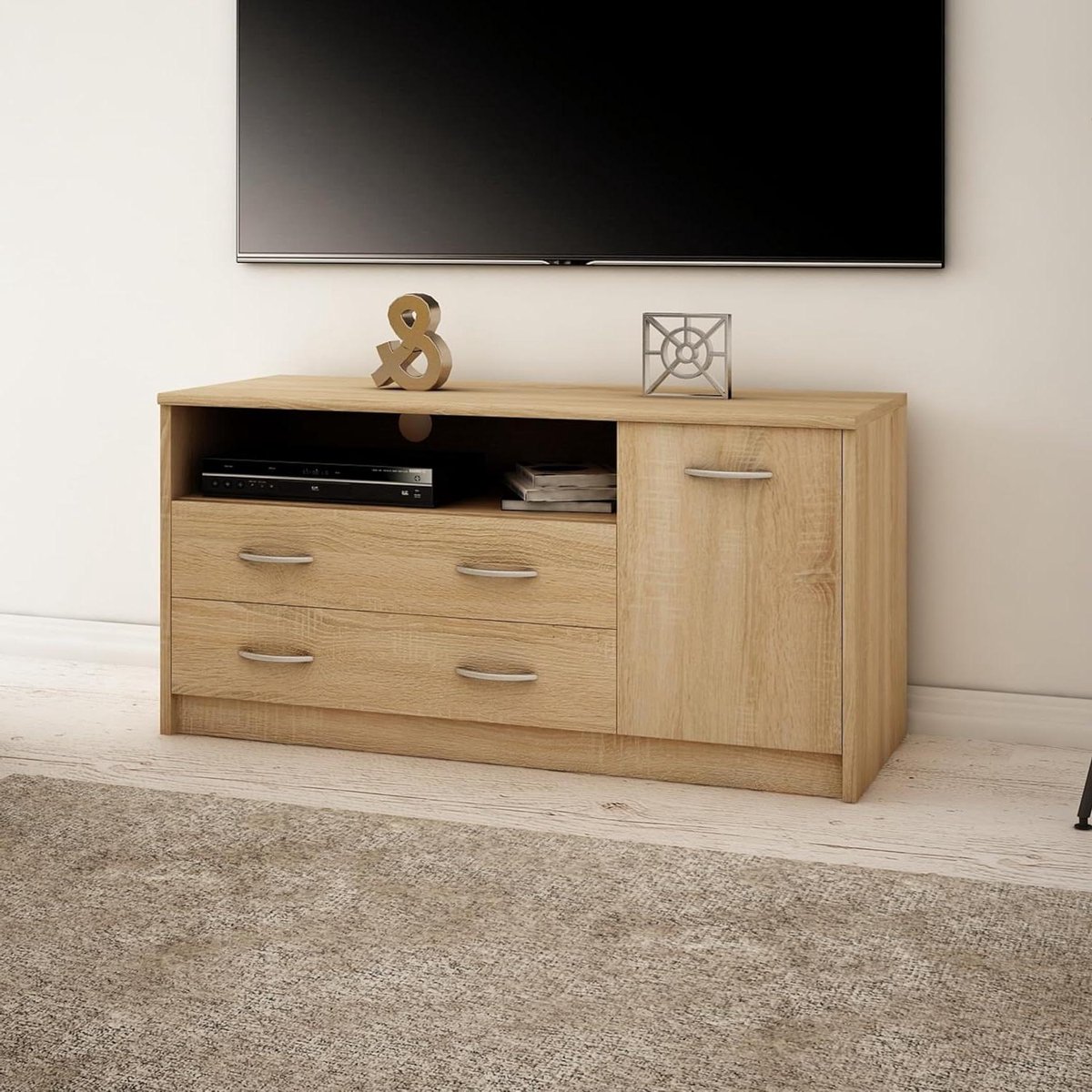 Home Collective Sonoma TV-kast, 110 cm breed, lowboard, televisietafel met 1 deur, 2 laden en 2 planken, van gelamineerd board, afgeronde rand en metalen rolrails, televisiecommode