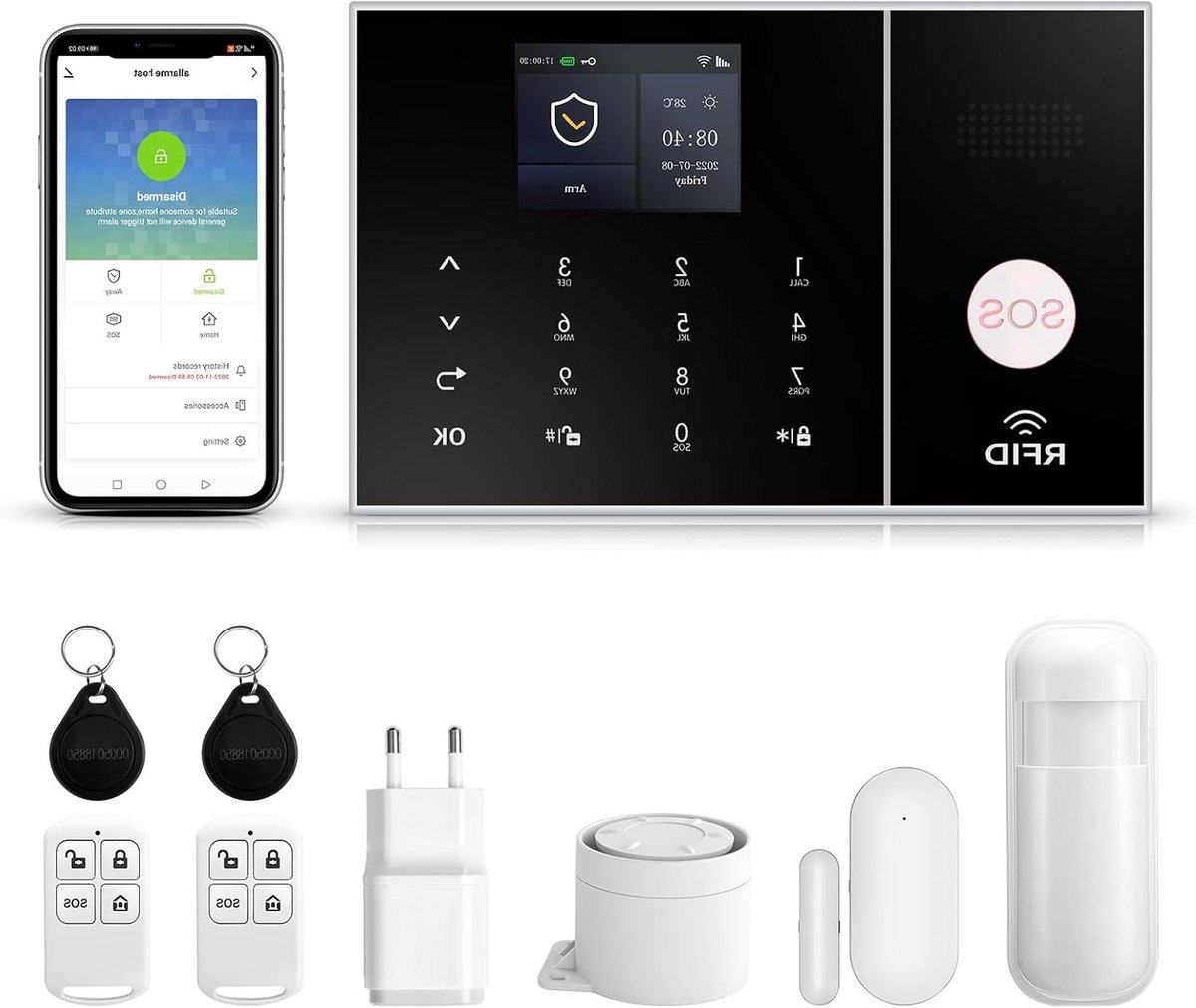 XNY Wifi-huisalarm, draadloze huisalarminstallatieset 4G met app-alarm, bewegingsmelder, raamsensor, afstandsbediening, sirene (PG-108-4G-A)