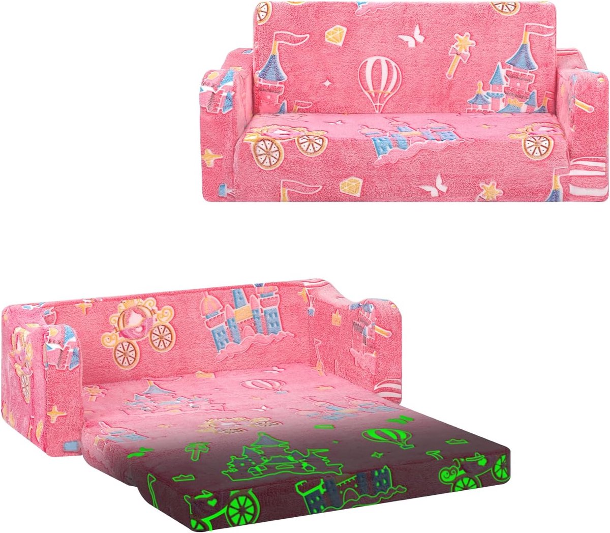Kinderbank Slaapbank - Peuterbank Kinderstoel - Spelen en Slapen - Glow in the Dark - 90x42x37 cm - Kasteel