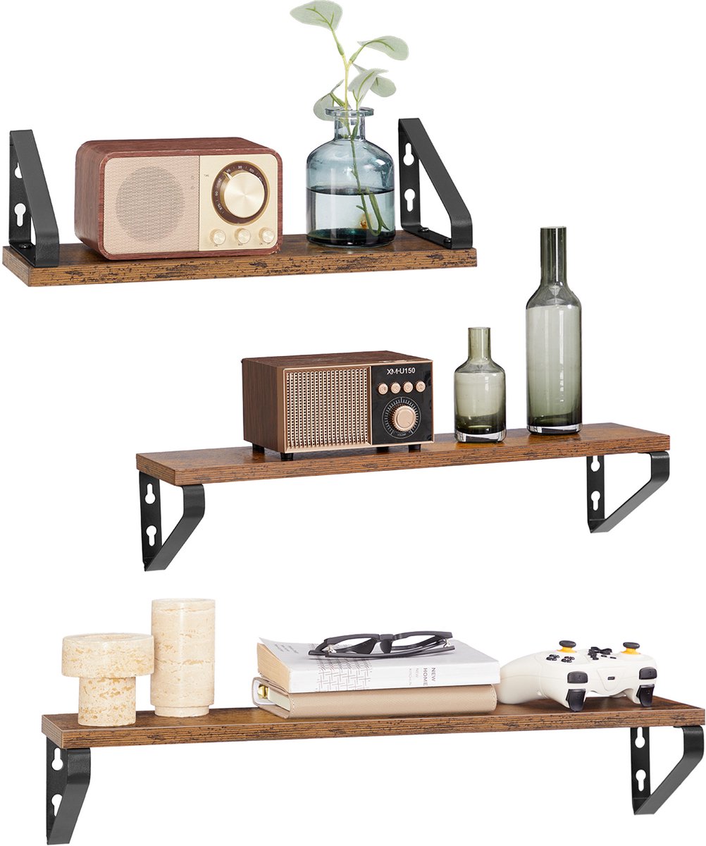 Vasagle Wandplank - Set van 3 Zwevende Wandplanken - Decoratieve Planken - Voor Keuken Woonkamer Kantoor Bruin