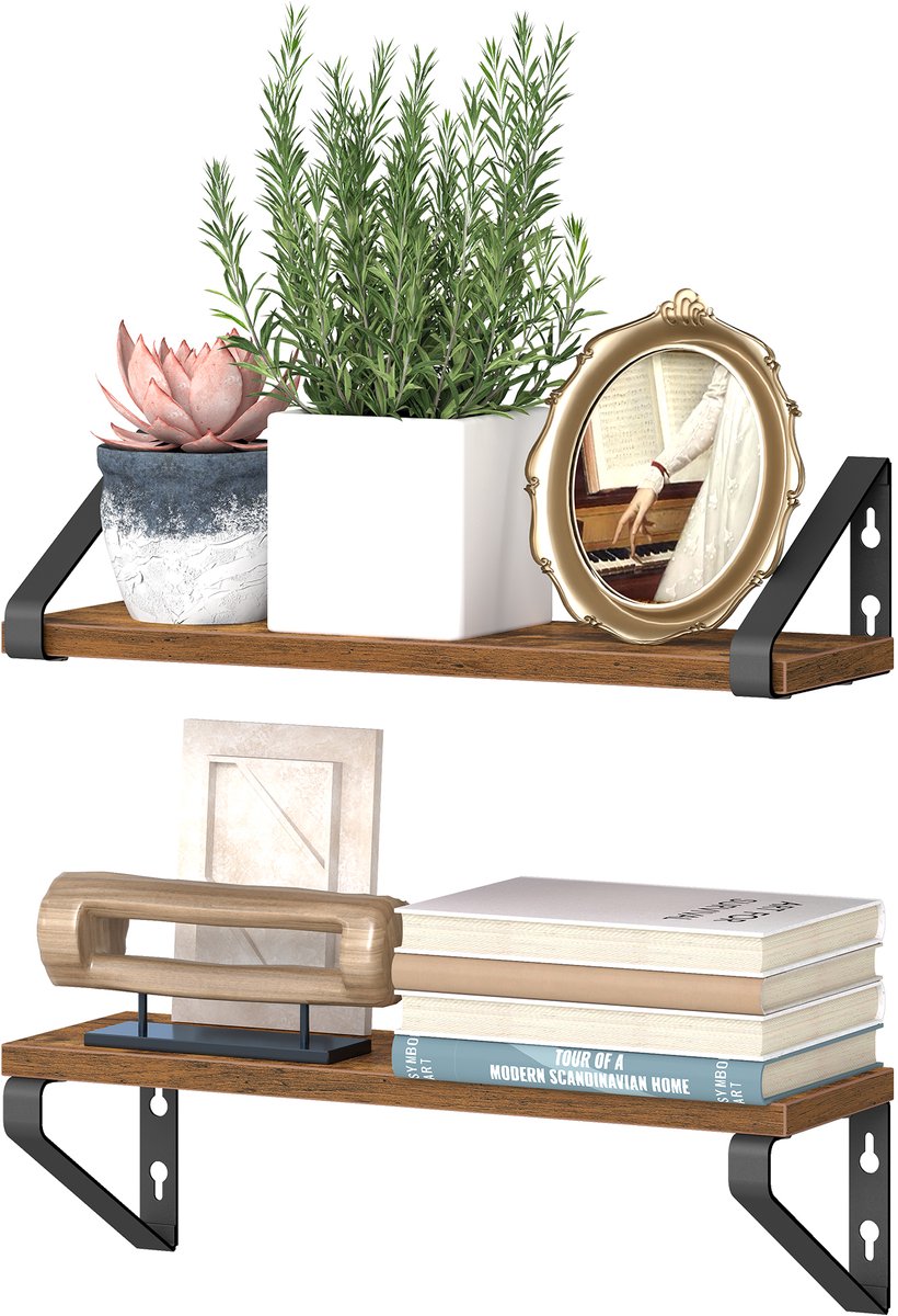 Vasagle Wandplank - Wandplank Set van 2 - 2 Montageopties - Voor Woonkamer Keuken Badkamer Vintagebruin-Matzwart