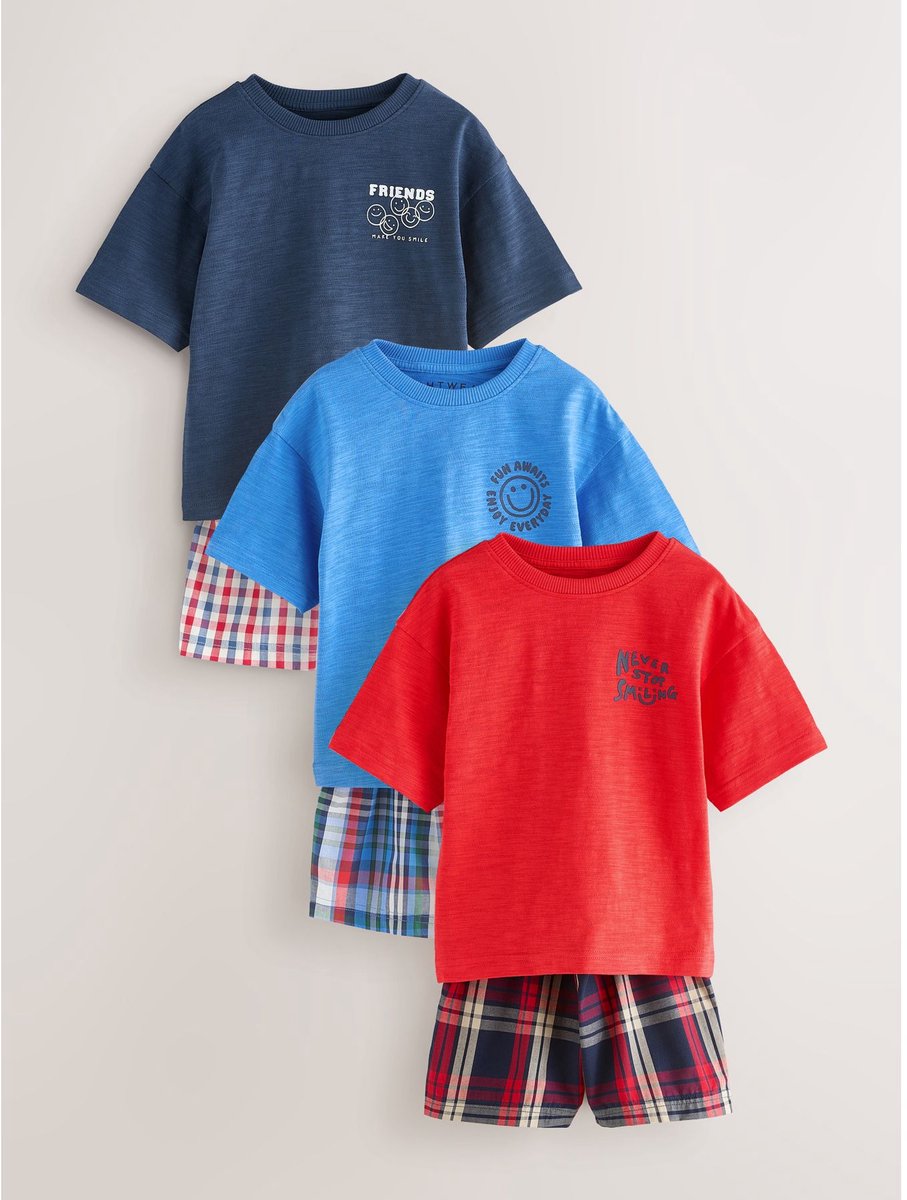 Next - Jongens - Set van 3 korte geweven pyjama's - Blauw
