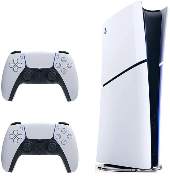 PlayStation 5 Digital Edition console in staande stand, met twee witte DualSense-controllers ervoor.