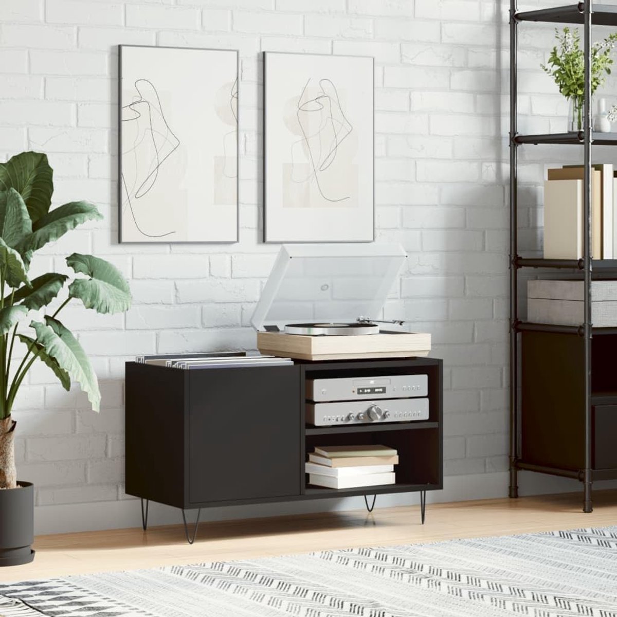 Houten cd-kast - Platenrek Opslag - Muziek Collectie - Stabiele IJzeren Poten - 85x38x48 cm - Zwart