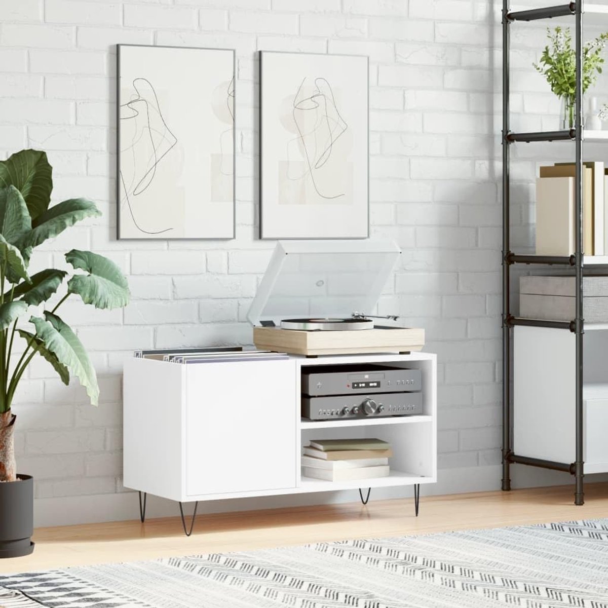 Houten cd-kast - Platenkast Opslag - Muziek Collectie - Stabiele IJzeren Poten - 85 x 38 x 48 cm - Wit