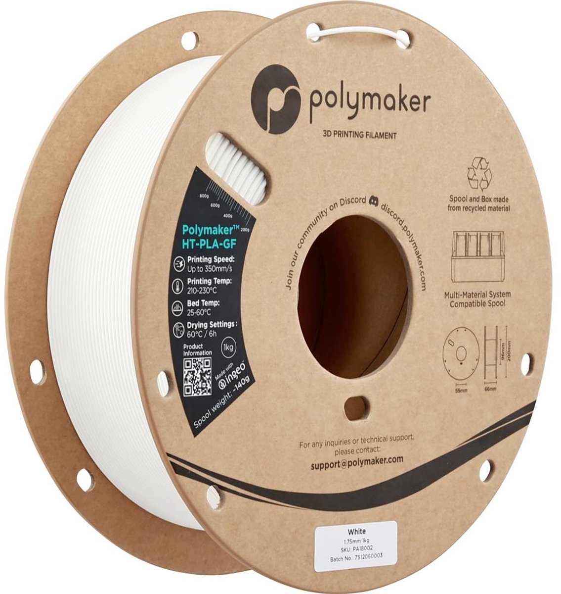 Polymaker PA18002 HT-PLA-GF Filament HT-PLA-GF Warmtebestendig, Glasvezelversterkt, Mat, Highspeed filament 1.75 mm 100 Kleurloos