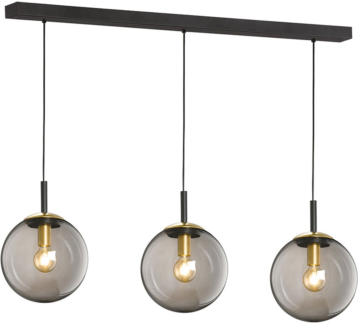 Hanglamp Woonkamerlamp Plafondlamp Eetkamerlamp, metaal zwart glas rookkleurig, 3 vlammen E27, H 140 cm