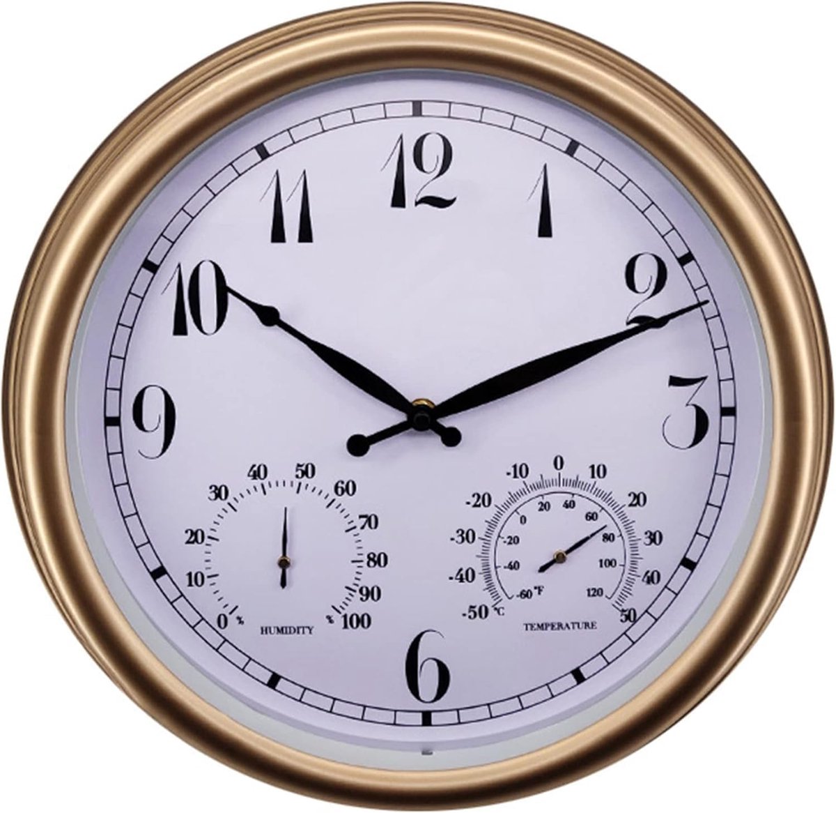 Tuinklok Weerbestendig - Buitenklok Wandklok - Buiten Decoratie - Inclusief Thermometer - 38cm Diameter - Zwart Goud