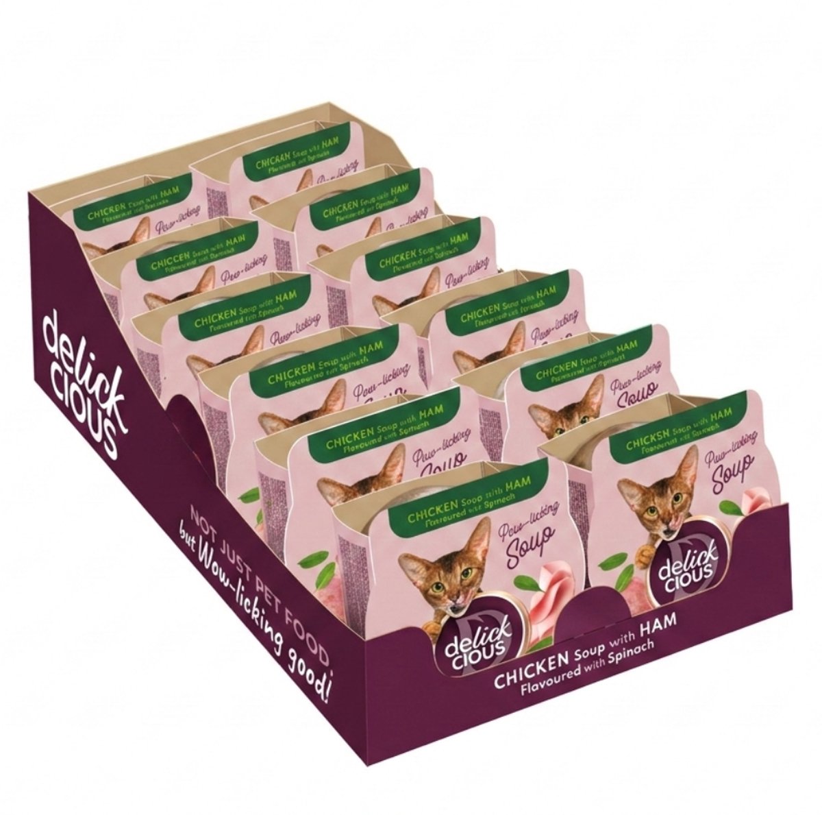 DELICKCIOUS volwassen katten natvoer kippensoep met ham en spinaziesmaak - 12x 80g