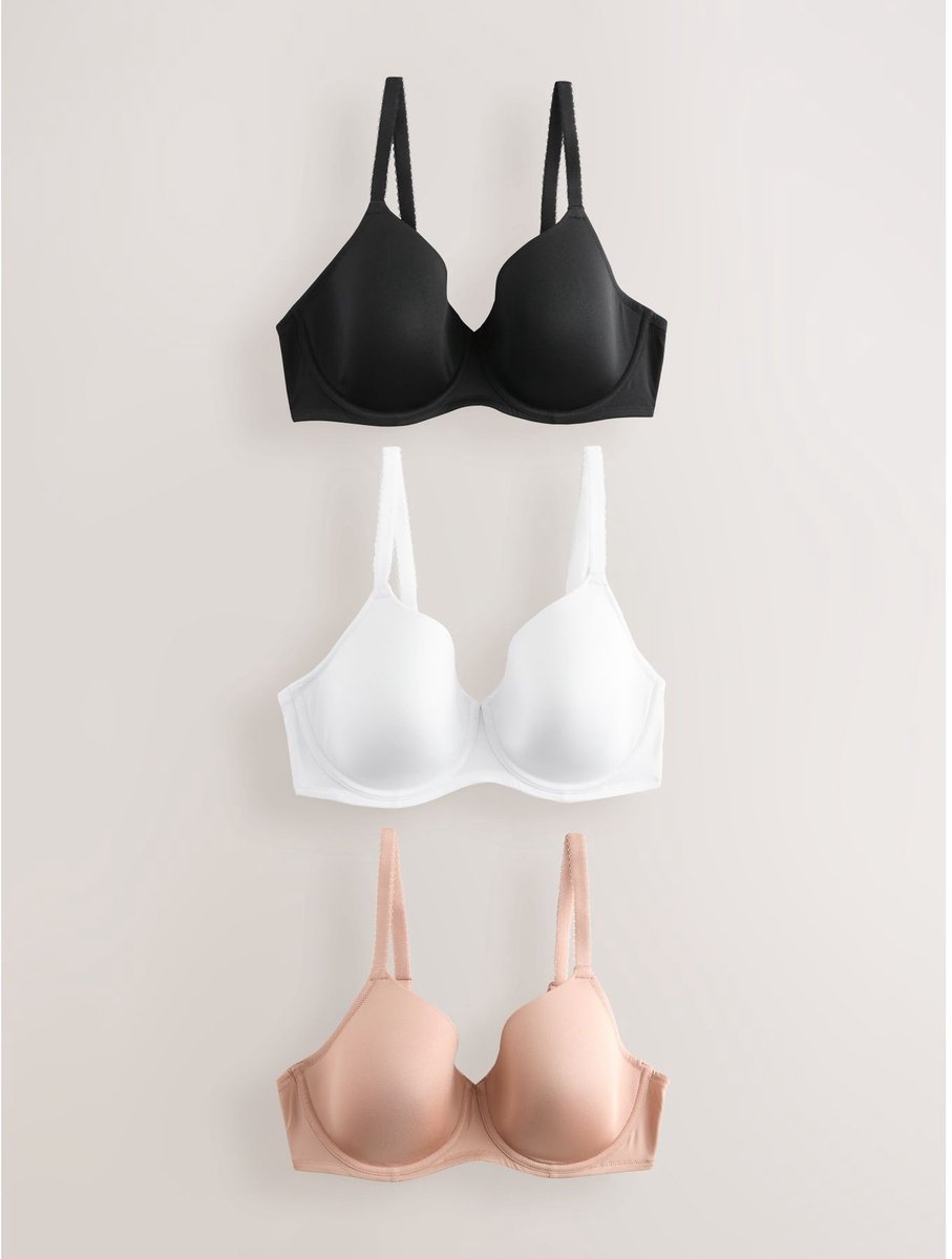 Next Dames - Set van 3 gladde DD+ T-shirtbeha's met lichte vulling en volledige cups - Zwart Black/White/Nude