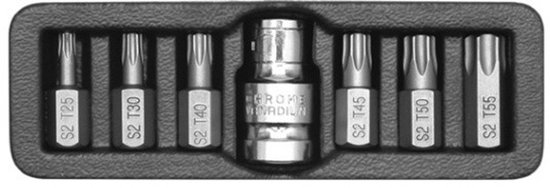 Set met 8 stuks Torx schroefbits van S2 staal in een zwarte houder. Bits variëren van T25 tot T55, met een metalen adapter in het midden.