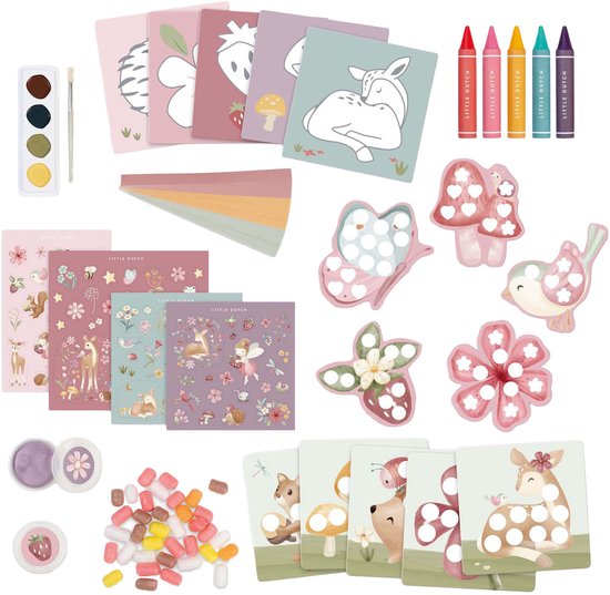 Inhoud knutseldoos 'Fairy Garden': waterverf, kwast, kleurpotloden, stickers met bloemen en dieren, mozaïekstickers, kartonnen vormen.