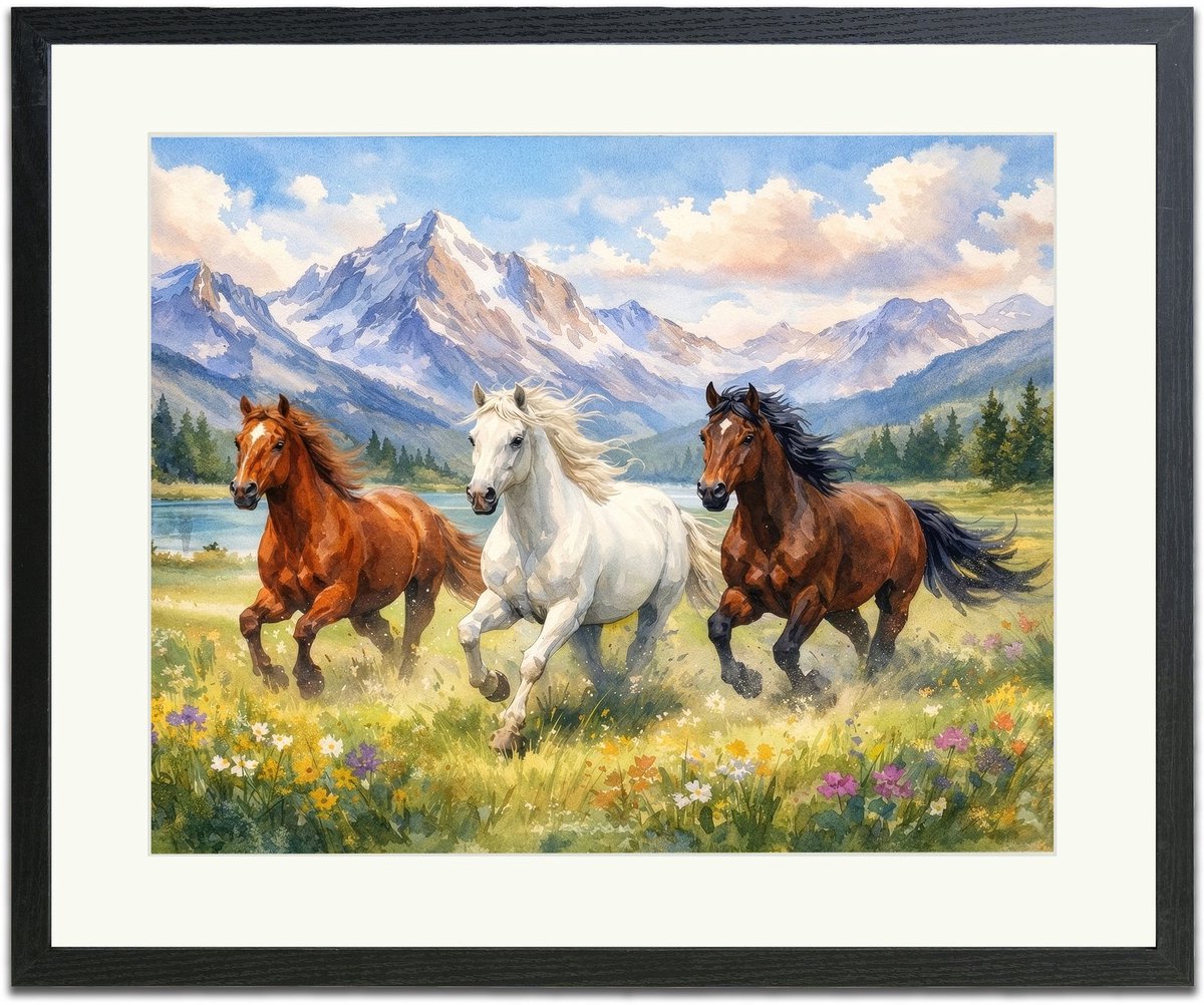 Paarden aquarel - Ingelijste Muurkunst - 63x53cm zwart frame - Glasplaat en Passe-partout - Museum kwaliteit print