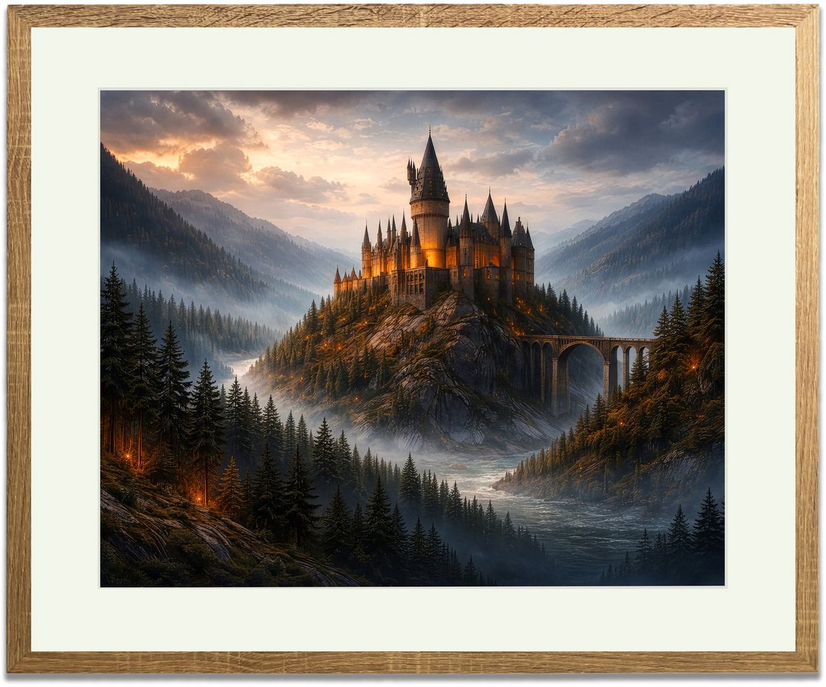 Het magische kasteel - Ingelijste Muurkunst - 63x53cm lichtbruin frame - Glasplaat en Passe-partout - Museum kwaliteit print