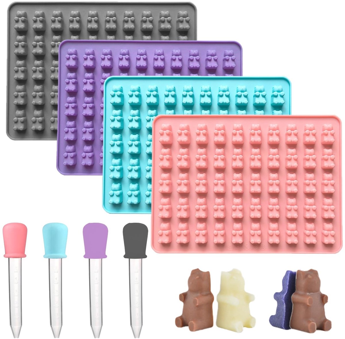Allecto - Silicone Mallen - Set van 4 - Ideaal voor snoep en chocolade - Gummy Bears - Inclusief 4 druppelaars - Perfect voor thuisgebruik - Multic...