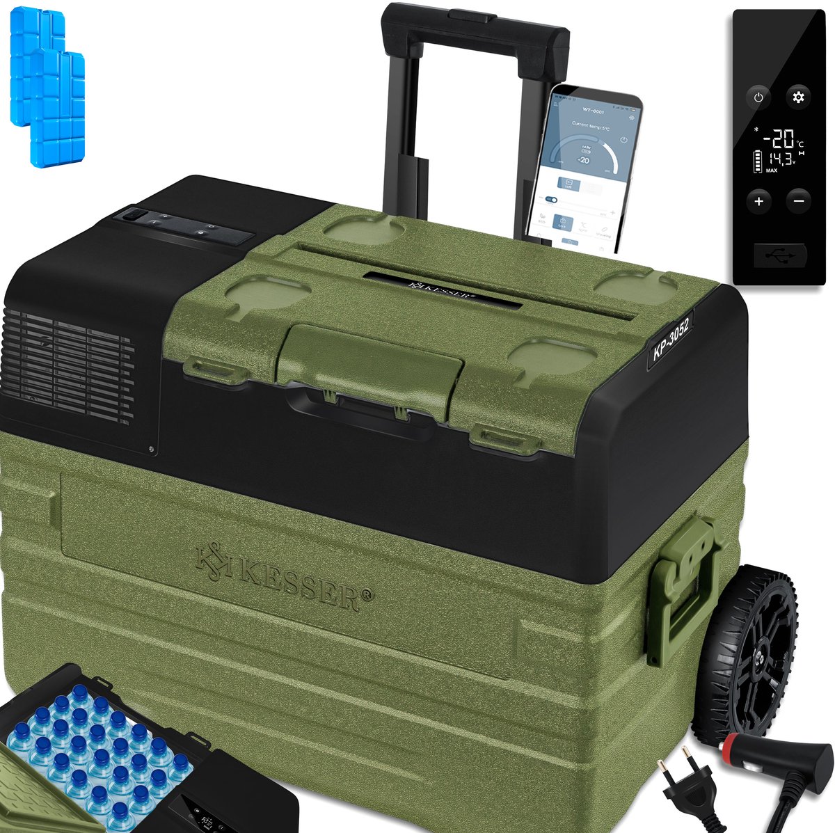 KESSER® Compressor Koelbox Elektrische Frigobox, met APP-bediening USB-aansluiting 12/24 V 230V, +Telescopische stangwielen tot -20 °C - 42L, 52L, Koelbox voor auto, vrachtwagen, boot, camper, camping