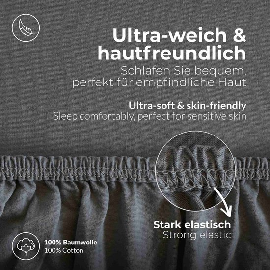 Drap-housse Jersey Comfort 180x200-200x200 cm - Drap-housse sommier tapissier 100% coton jusqu'à matelas 25 cm - anthracite