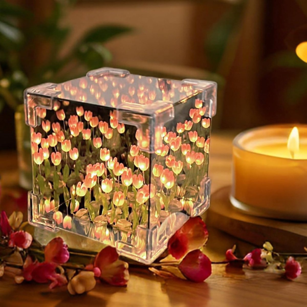 Tulp Kubus Lamp - Doe-het-zelf Spiegel - Slaapkamer Decoratie - 2-in-1 Functie - 12x12x12 cm - Roze
