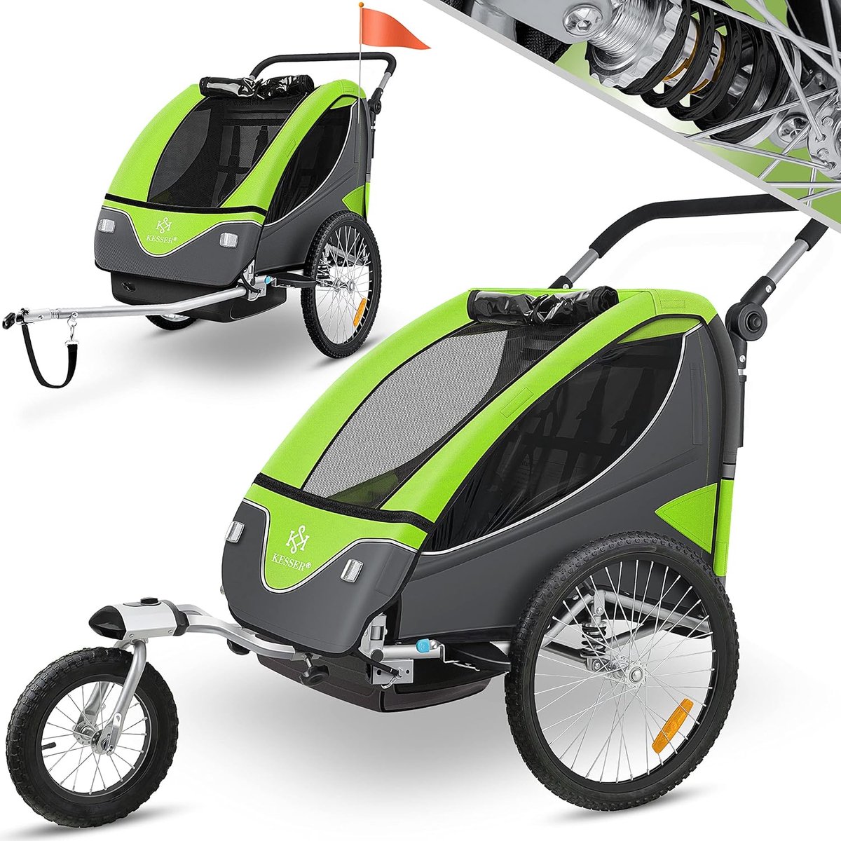 Kinderfietskar - Dubbele Kinderkar - Veilig Vervoer - Dubbele Vering 2-in-1 - 160x75x90cm - Lichtgroen