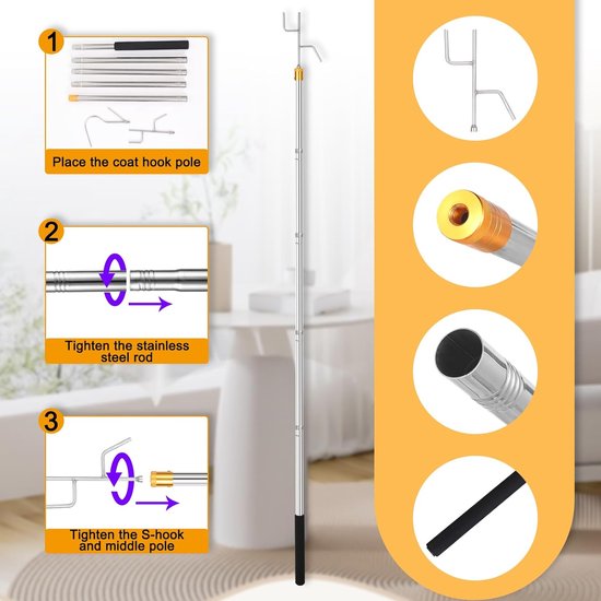 Kledinghaakstang Verstelbaar - Garderobestang Hangstok - Kleding Ophangen - Vijfdelig Roestvrij Staal - Tot 71 Inch - Zilver — afbeelding 4