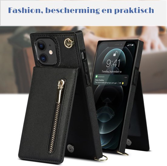 Zwart telefoonhoesje met ritsvak, geopend met een telefoon erin.