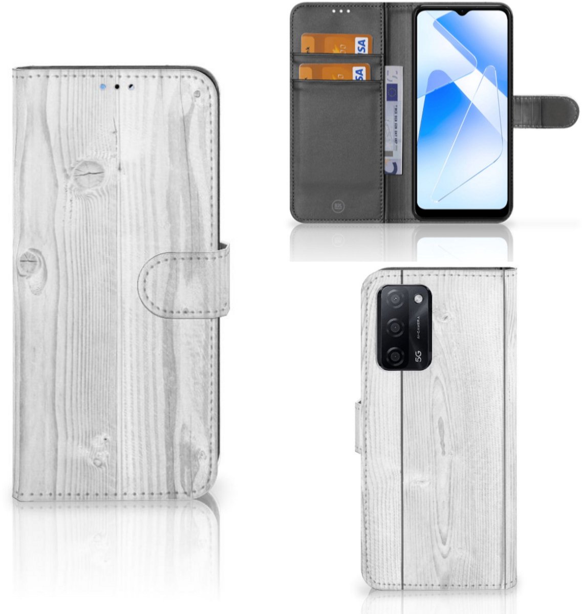 OPPO A16/A16s/A54s Book Style Case White Wood