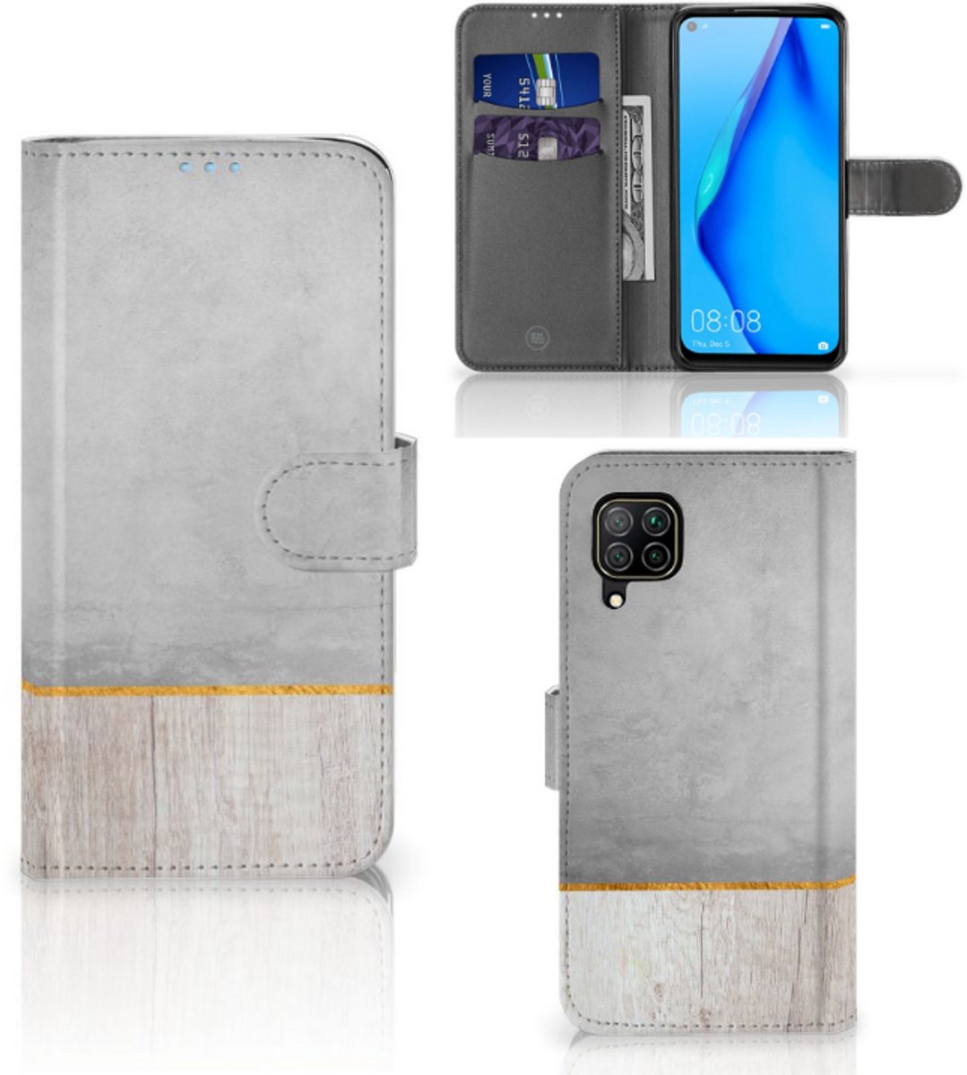 Huawei P40 Lite Book Style Case Wood Concrete