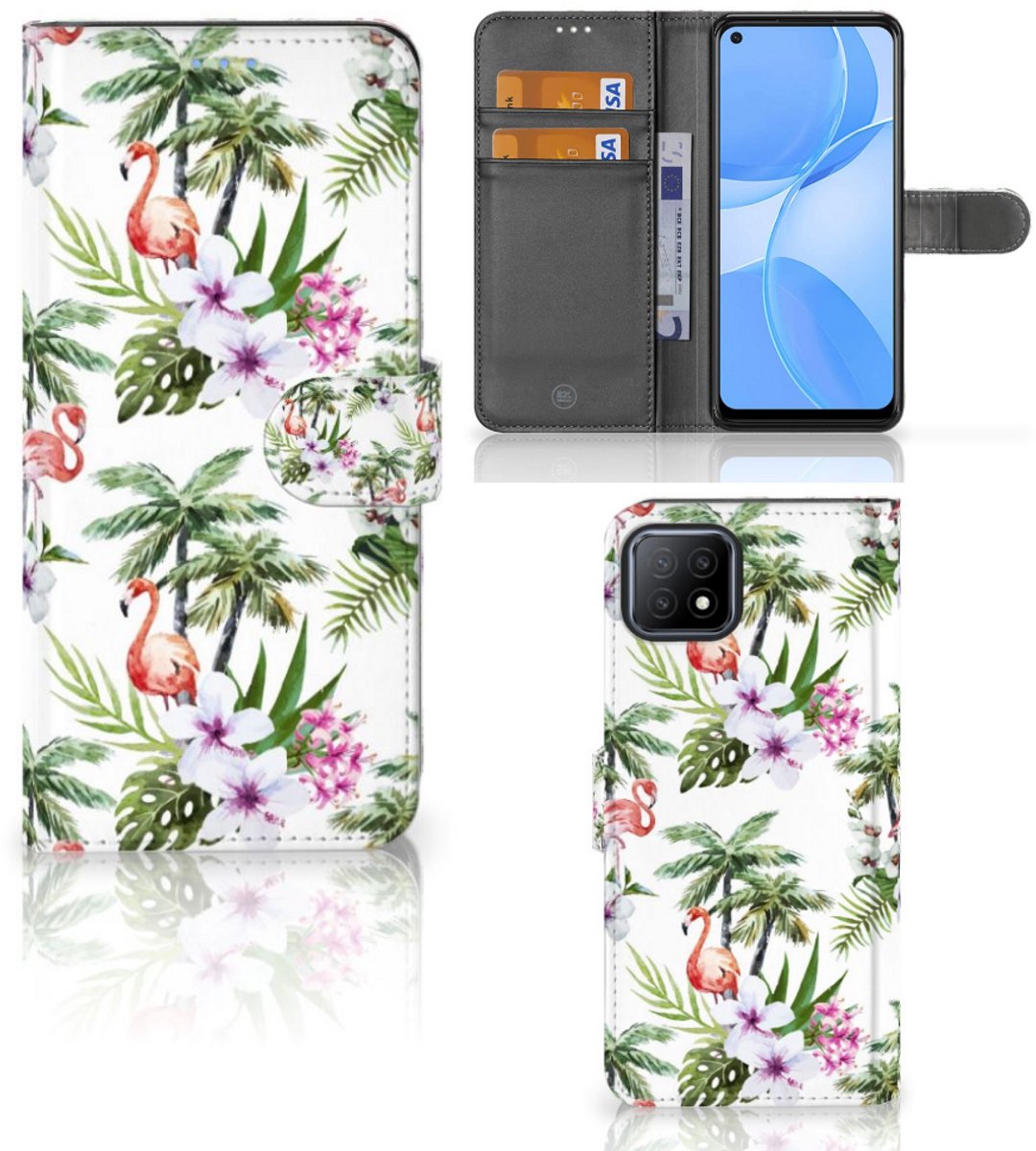 OPPO A73 5G Telefoonhoesje met Pasjes Flamingo Palms
