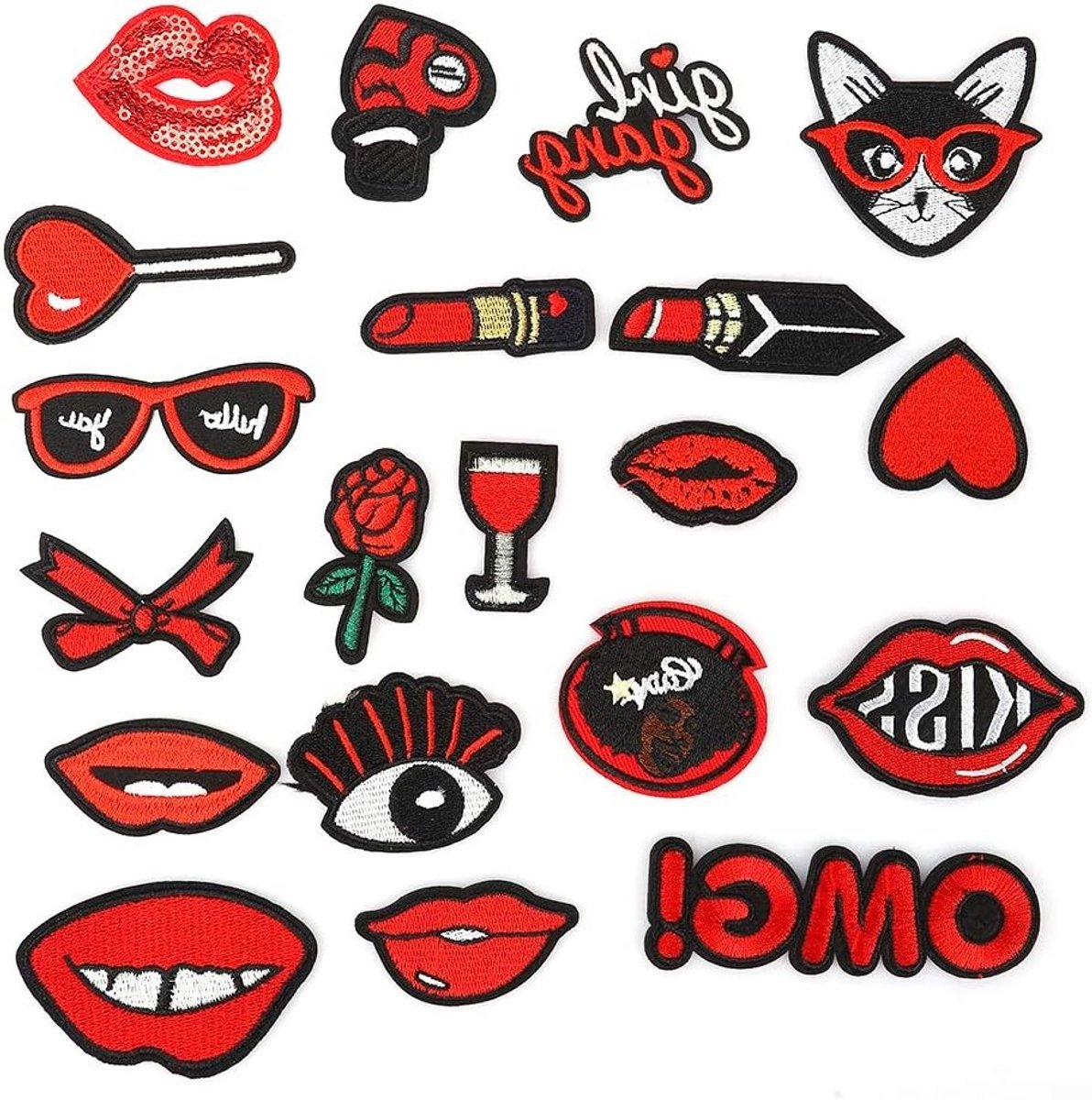 Decoratieve Lipstick Patroon Patches - 20 Stuks Borduurstof Stickers voor Kleding en Accessoires
