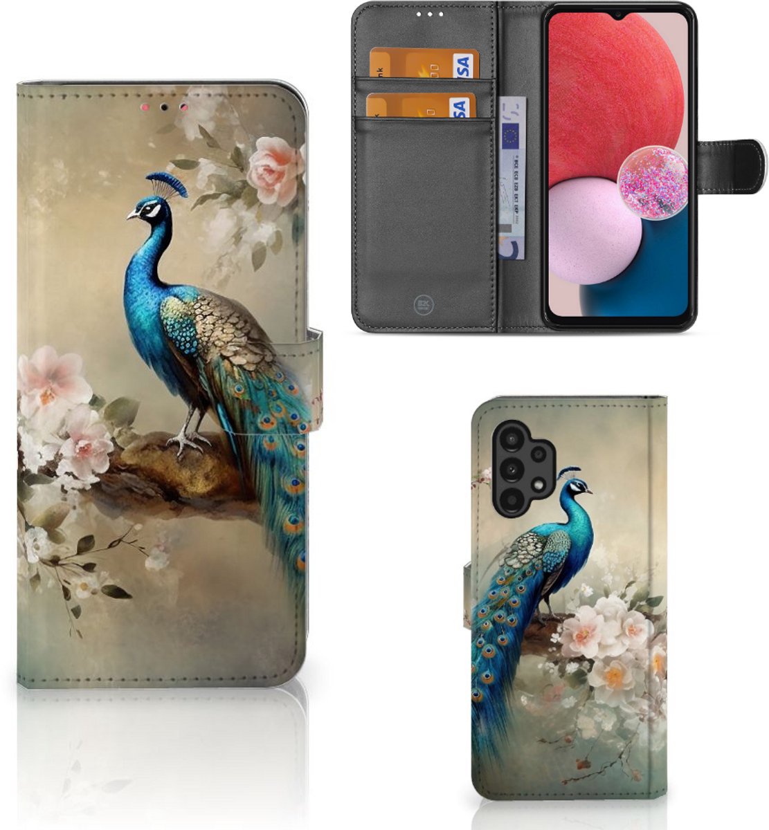 Telefoonhoesje met Pasjes voor Samsung Galaxy A13 (4G) Vintage Pauwen