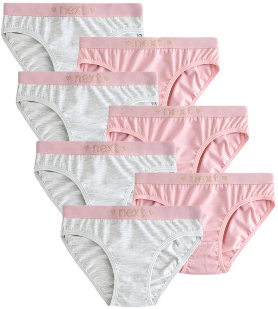 Set van zeven bikinibroekjes in roze en gemêleerd grijs met roze tailleband en 'next'-logo in goud.
