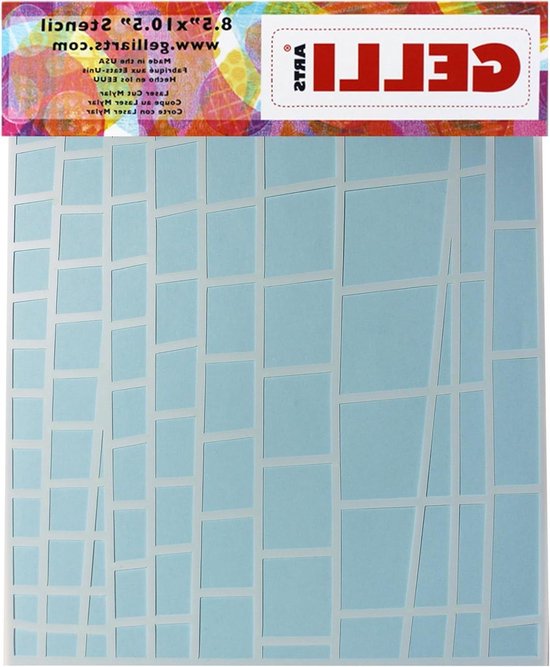 Ladder sjabloon met witte lijnen op een blauwe achtergrond. Tekst: "GELLI Plate" en website.
