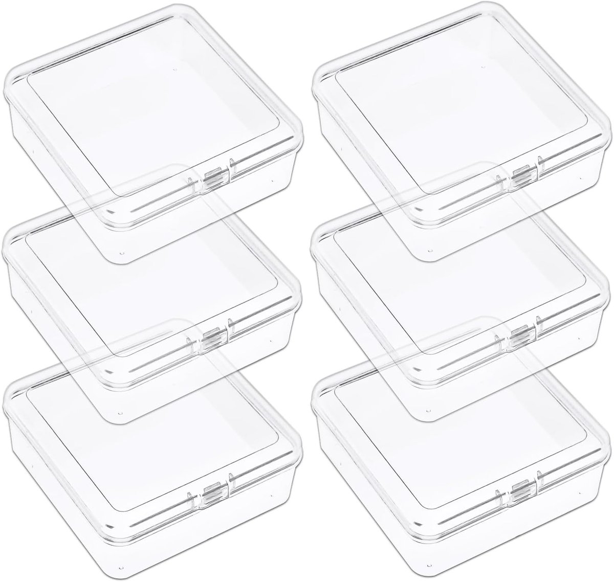 Set van 6 Dikke Opbergdozen met Deksel, Grote Rectangulaire Mini Opbergbox voor Kralen en Knutselaccessoires, 10.5 x 10.5 x 3.5 cm, Transparant en Ruimtebesparend