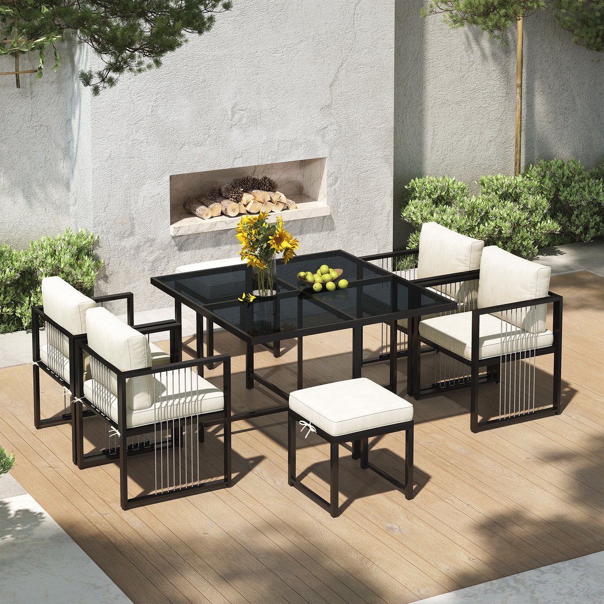 MIVRAY Tuinset 117 x 117 cm - 7-Delige Eetset Voor 6 Personen Met Gehard Glas - Voor Tuin En Terras - Metaal - Zwart+Wit