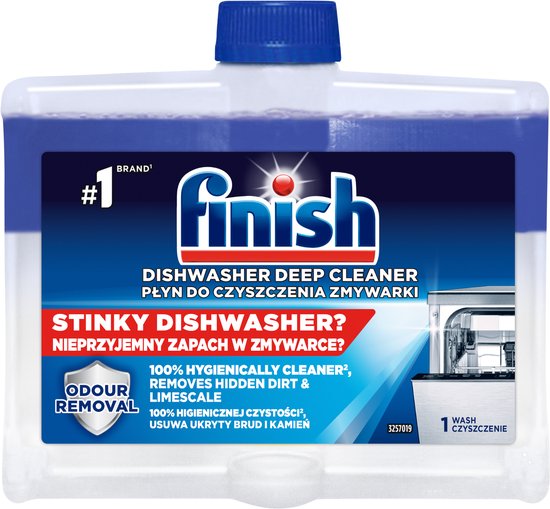 Finish vaatwasreiniger fles met blauwe dop. Het label heeft "#1 BRAND", "finish" logo en tekst in het Pools.
