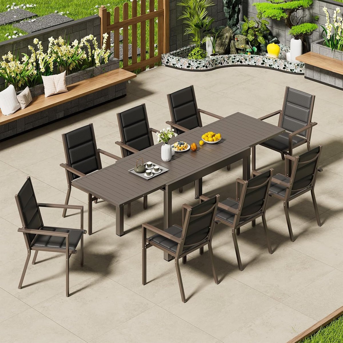 Tuinmeubelset 8 Personen – Uittrekbare Tafel 130-260x80x75 cm – Aluminium Weerbestendig – Stapelbare Stoelen met Comfortkussens – Modern Design Bruin – Nicolehome
