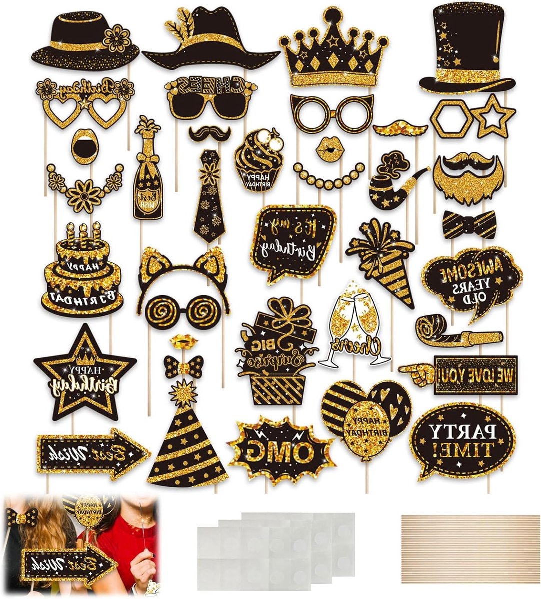 Feestelijke Foto Props Set in Zwart en Goud - 38 Stuks voor Verjaardagen, Bruiloften en Jubilea - Creatieve Fotografie Accessoires
