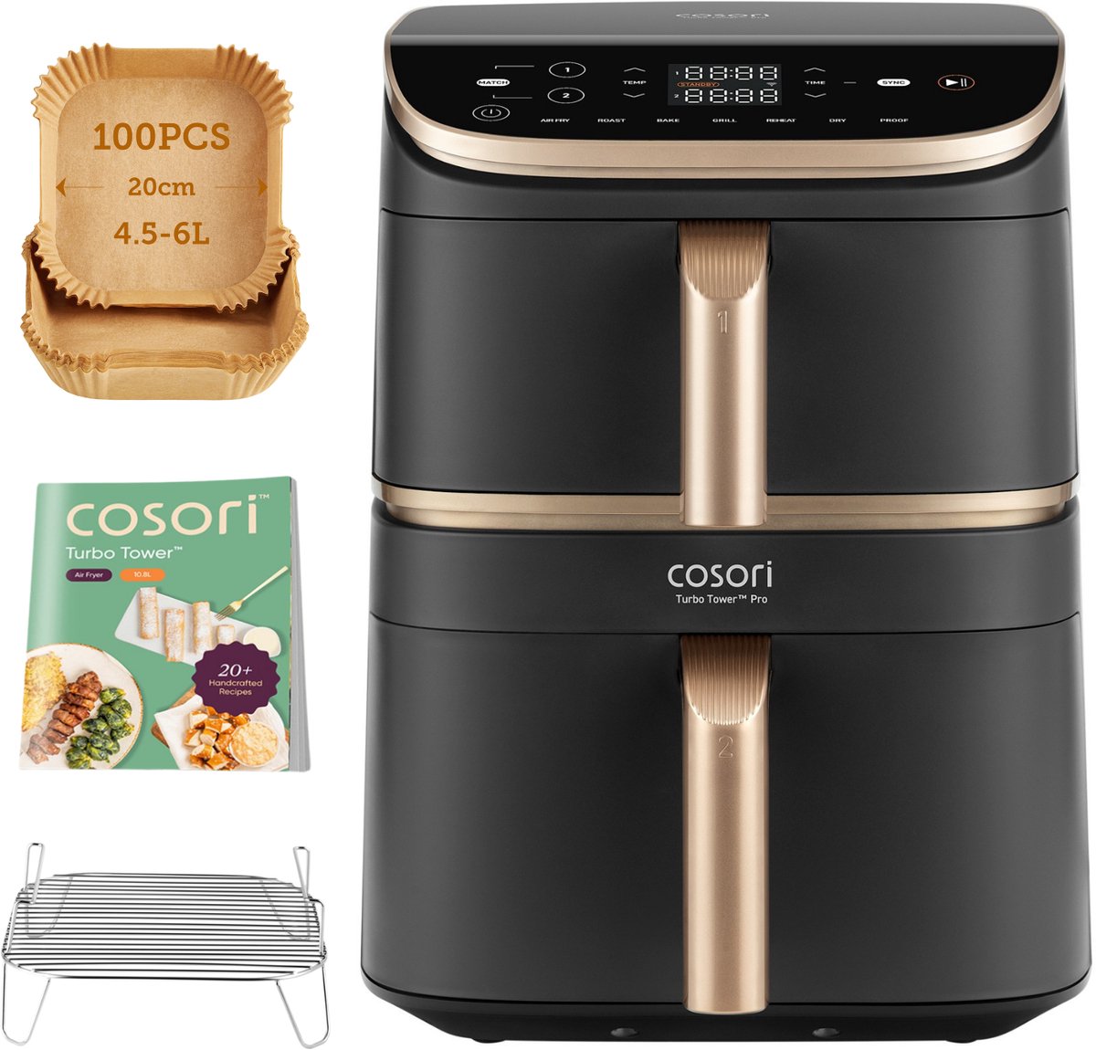 Cosori XXL Airfryer Turbo Tower Pro - met 100 stuks bakpapier - Keramische coating - 10.8 liter inhoud - 2 manden apart in te stellen - 7 programma's