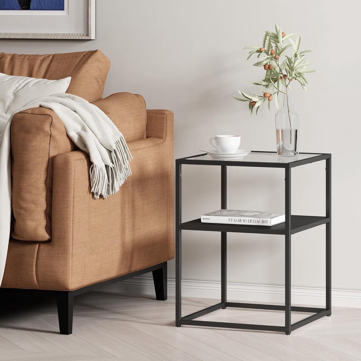 Bijzettafel - Nachtkastje Salontafel - Woonkamer Inrichting - Met Plank - 40x40x55 cm - Zwart Mat